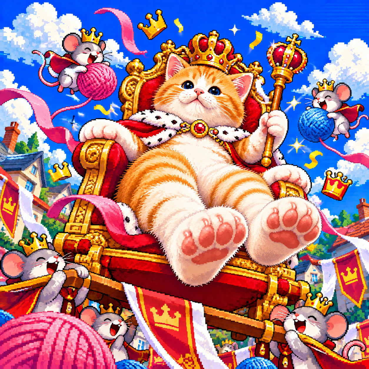 Pixel art of an orange kitten king on a golden throne, carried by crowned mice